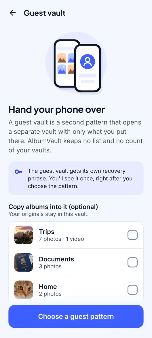 AlbumVault on Android showing the Guest vault setup screen