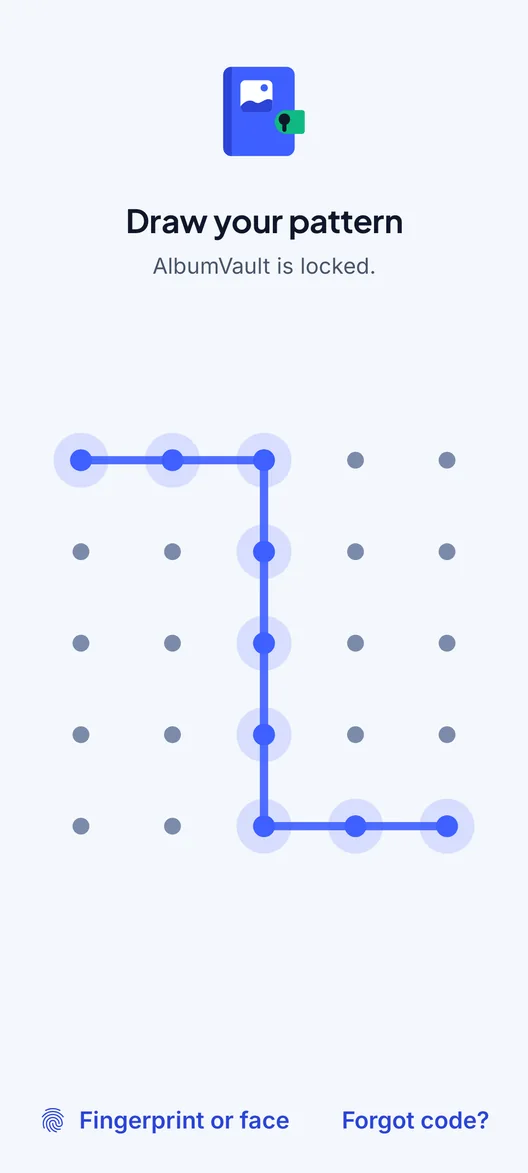 AlbumVault on Android showing an 8-dot pattern drawn on the 5 by 5 unlock grid