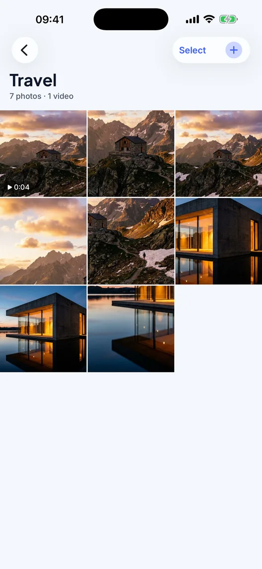AlbumVault on iPhone displaying the encrypted Travel photo and video album