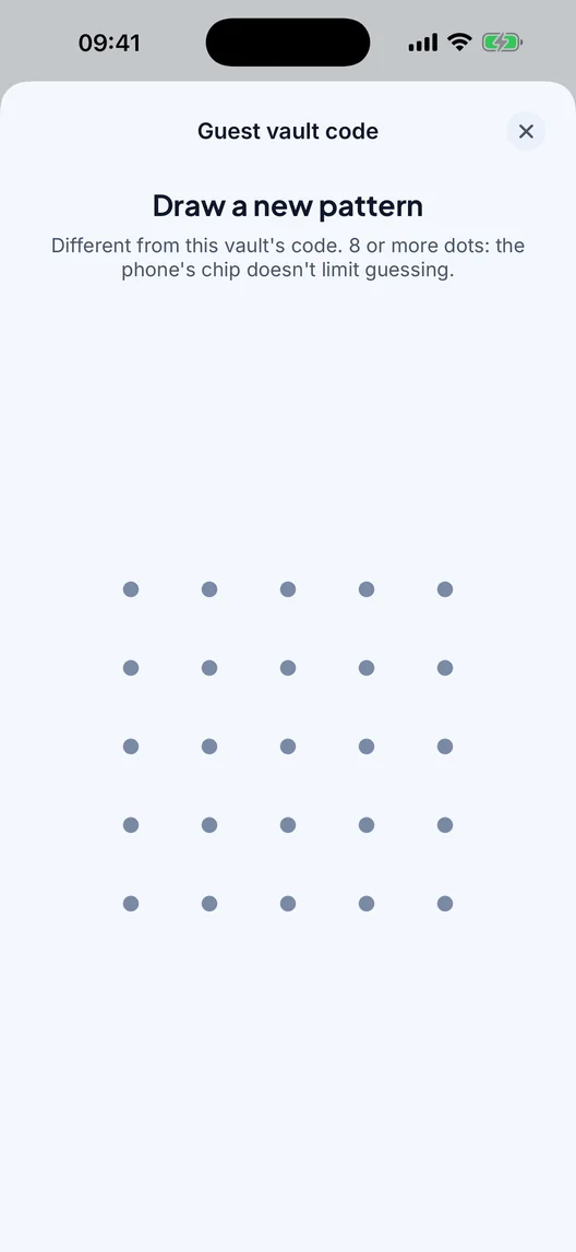AlbumVault on iPhone showing the Guest vault code setup screen