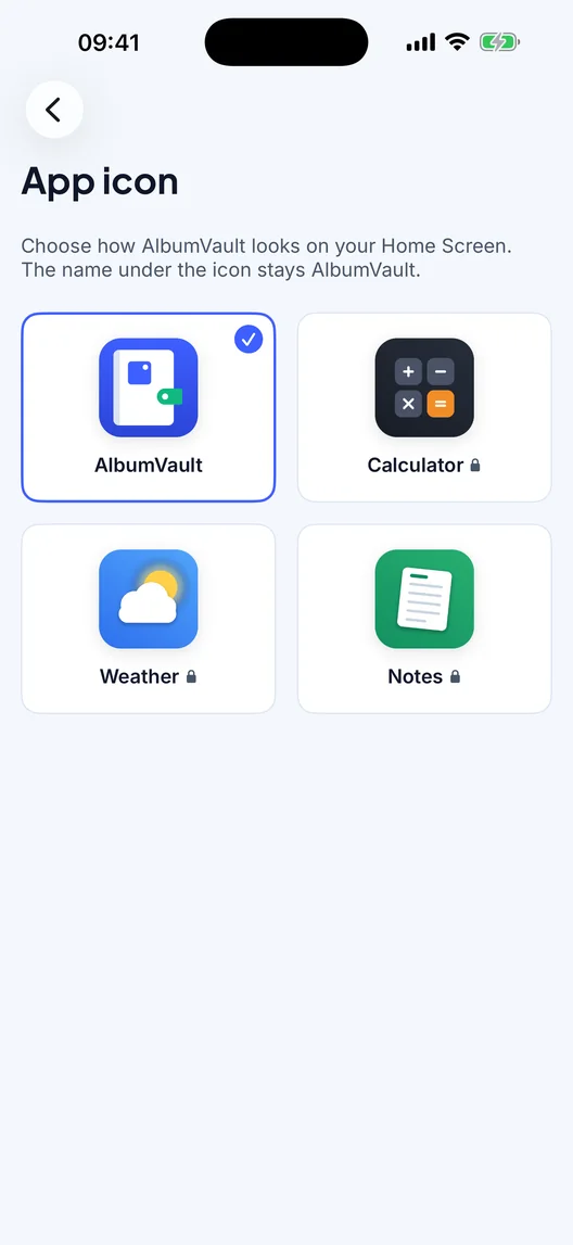 AlbumVault on iPhone showing the App icon screen with AlbumVault, Calculator, Weather and Notes options