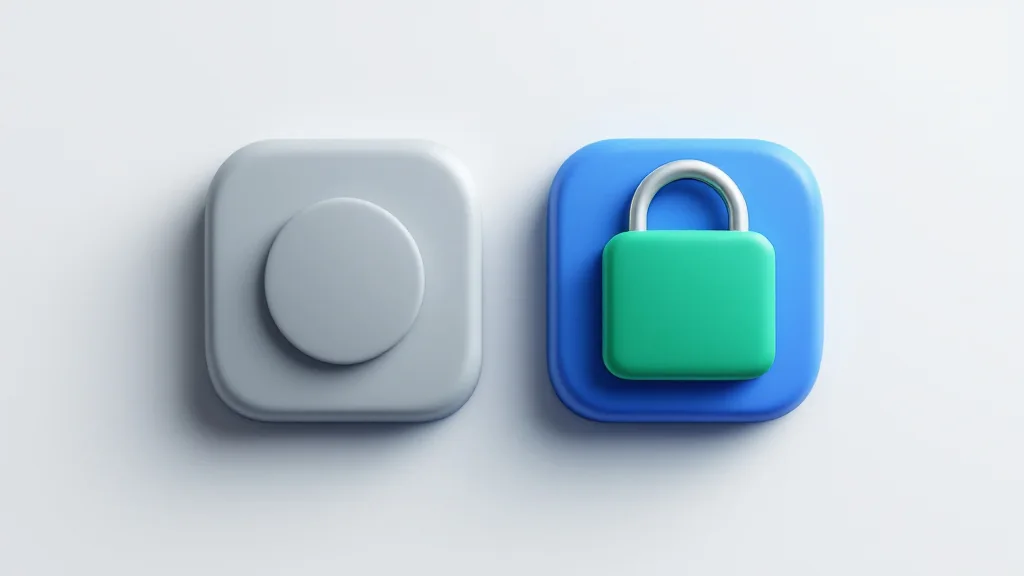 Two side by side rounded square app tiles, one muted grey and one cobalt blue with a closed emerald green padlock