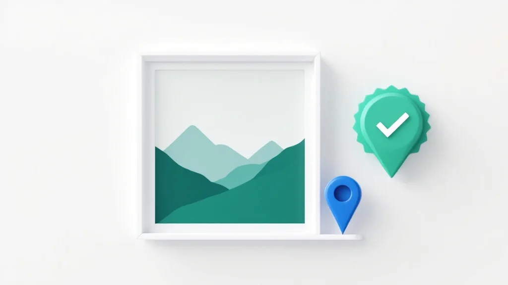 A white framed mountain landscape photo beside a cobalt blue location pin and an emerald green verification badge