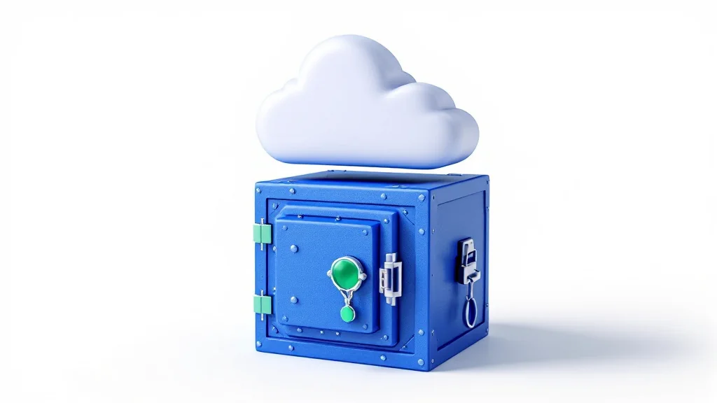 A white 3D cloud shape above a sealed cobalt blue vault cube with an emerald green clasp