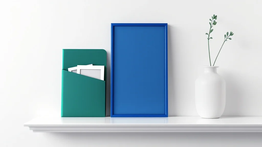 A cobalt blue smartphone frame beside an emerald pocket folder holding two framed photo cards