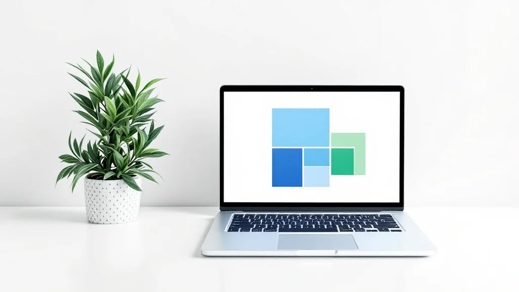 A silver laptop on a clean white desk displaying blue and emerald photo album tiles