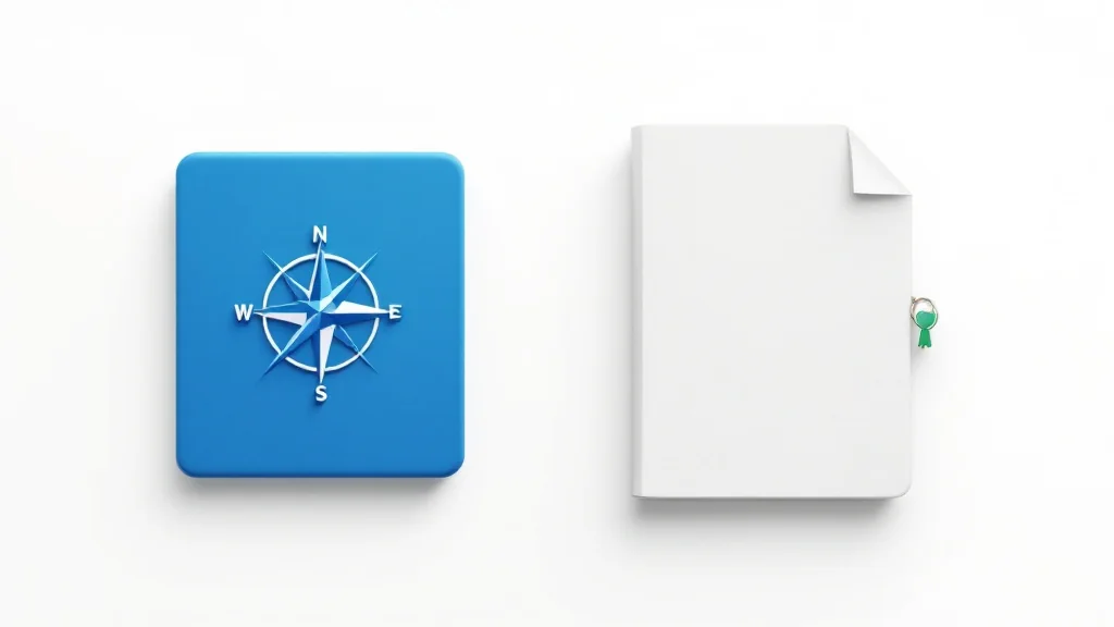 A cobalt blue compass tile beside a white folded document with an emerald green clasp