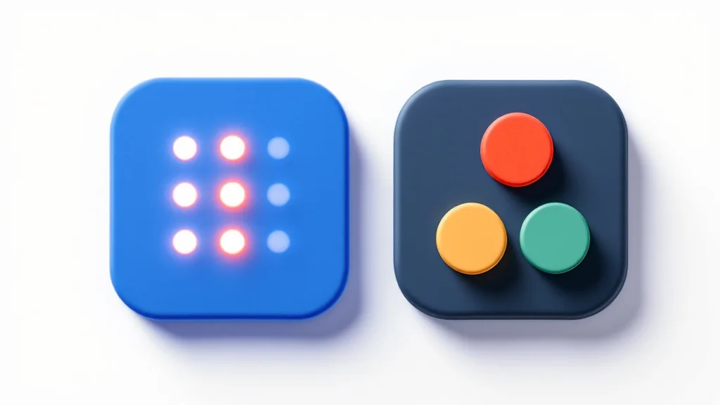 A cobalt blue rounded tile with a glowing dot pattern grid beside a slate tile with colourful calculator buttons
