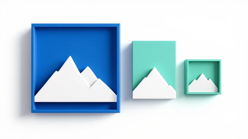 Three square photo frames stepping down from cobalt blue to compact emerald green on a white surface